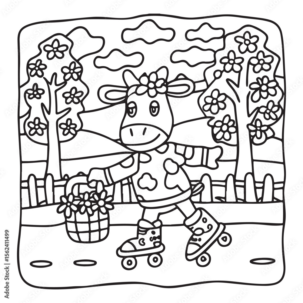 Fototapeta premium Cozy Cow Moments – Cute and Easy Coloring Page for Adults and Teens | Farm Animal Line Art for Relaxation, cow coloring page, cute, farm animal, easy, adult coloring, line art | Print