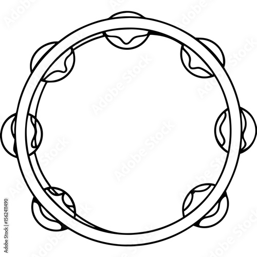 Simple tambourine line art illustration.  Circular frame tambourine drawing with eight pairs of metallic jingles.  This tambourine image is perfect for children's book illustrations.