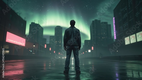 Fototapeta Naklejka Na Ścianę i Meble -  Lone figure gazes at aurora borealis above city dark jacket jeans