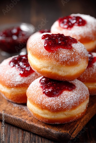 Wallpaper Mural A collection of fluffy jelly-filled donuts dusted with powdered sugar sits atop a wooden board. The sweet and vibrant red filling peeks out, tempting anyone nearby. Perfect for dessert Torontodigital.ca