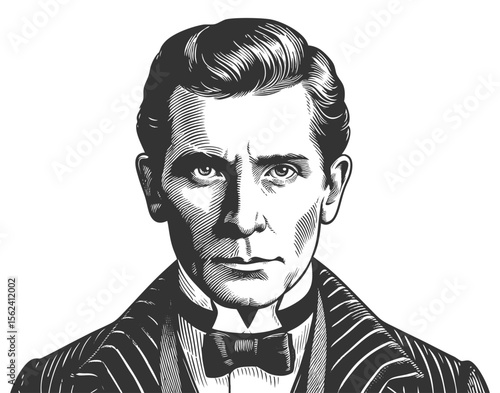 stern young man in formal Victorian attire, evoking 19th-century elegance and formality sketch engraving generative ai fictional character vector illustration. Scratch board. Black and white image.