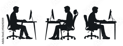 Three people sitting at their desks working on computers silhouettes