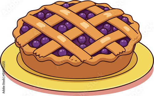 Blueberry pie with lattice crust on yellow plate vector illustration dessert food 