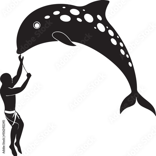 Person holding a spotted dolphin performing trick