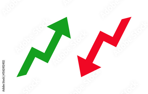 Trend or Green upward and red downward arrows representing growth decline financial trend market movement business success loss investment economics strategy direction change