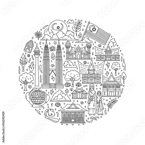 Malaysia travel collage featuring landmarks culture and nature isolated on transparent background