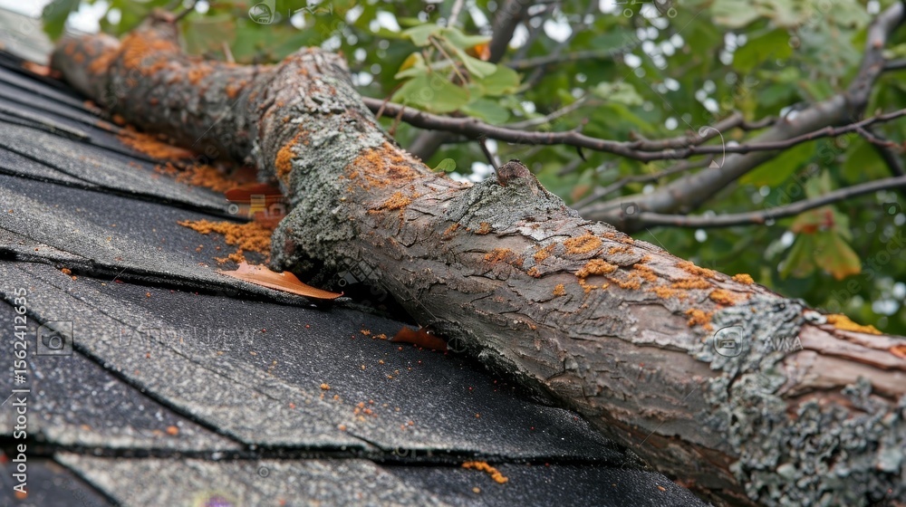 Obraz premium Urgent roof repair required after tree falls on home, emphasizing safety issues from storm damage