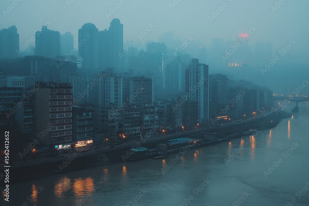 Fototapeta premium Timelapse capturing the foggy skyline and river of Chongqing during early morning hours, Chongqing timelapse