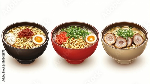 Three ramen bowls, studio shot, food photography, menu use