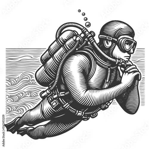 scuba diver exploring underwater sketch engraving generative ai fictional character vector illustration. Scratch board imitation. Black and white image.