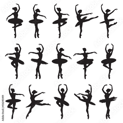 Ballet Dancer Silhouettes, Elegant Dance Poses and Movements - Vector Set

