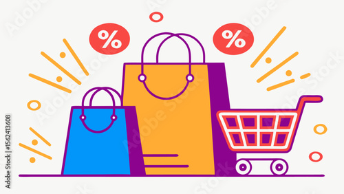 Vibrant Line Art Shopping Bags and Cart:  Discount Sale Promotion,  E-commerce, Online Retail,  Happy Customer,  Positive Mood,  Retail Therapy,  Affordable Prices,  Shopping Spree,  Great Deals.
