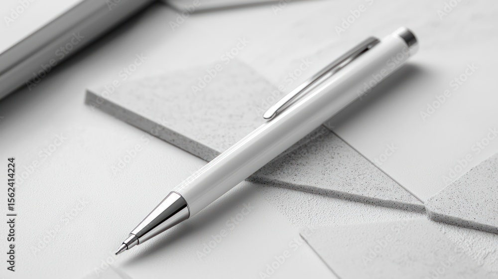 White pen on geometric notepad, office desk, design