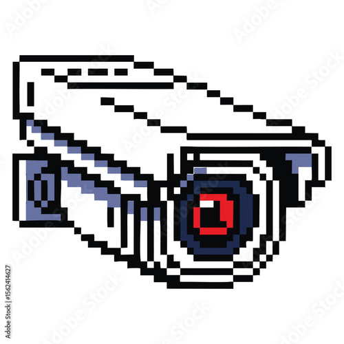 Pixel art security camera with red eye on white background