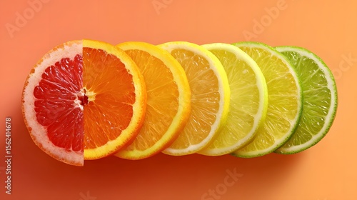 Slices of citrus fruits arranged in a row showcasing a spectrum of vibrant colors