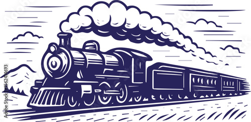 Vintage steam locomotive in motion in retro line art landscape