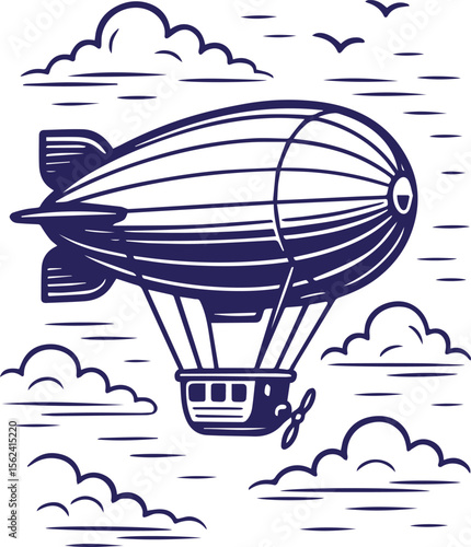 Vintage airship flying among clouds in retro line art style