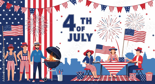 4th of July Celebration with Fireworks and American Independence Day Symbols