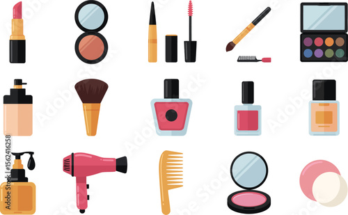 Collection of flat design illustrations of makeup and beauty products on a white background