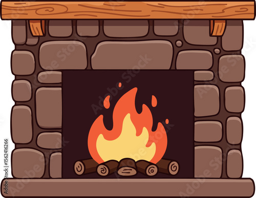Stone Fireplace with Burning Firewood and Wooden Mantel Vector Illustration 