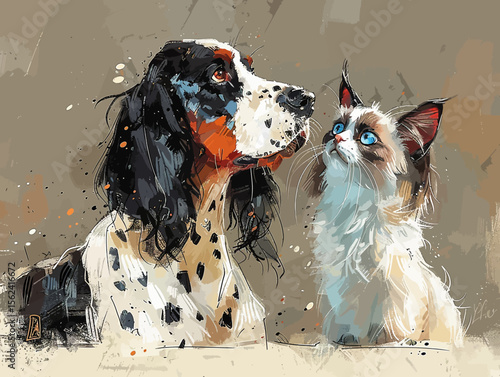 Dog and cat cuddling in watercolor style
