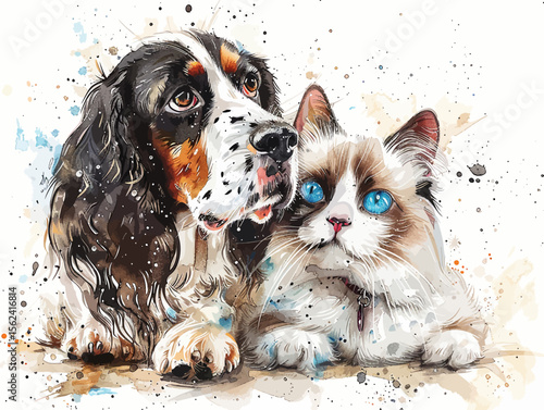 Dog and cat cuddling in watercolor style