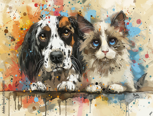 Dog and cat cuddling in watercolor style