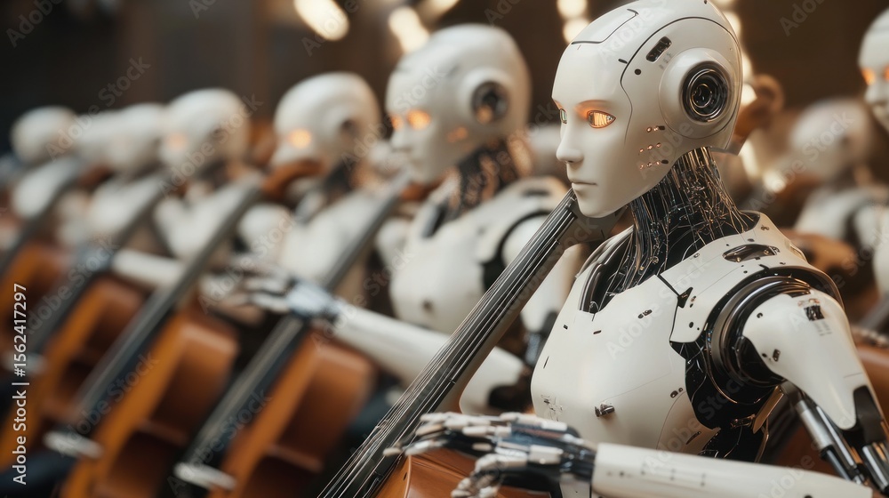Fototapeta premium Robots playing cellos in a large hall