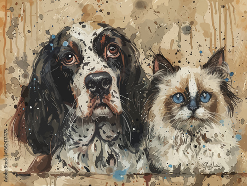 Dog and cat cuddling in watercolor style