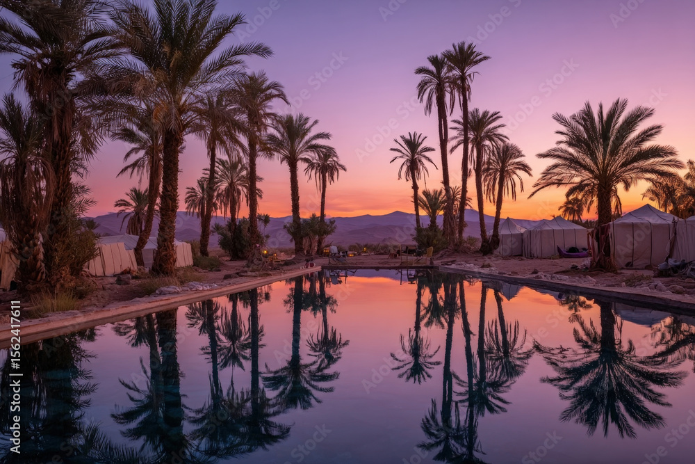 Fototapeta premium Desert oasis with palm trees and nomads camping at twilight by a reflective pool