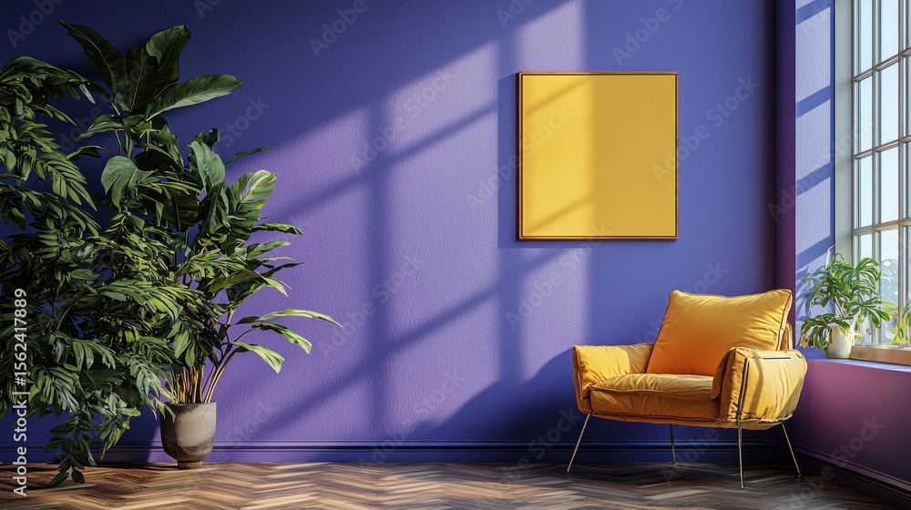 custom made wallpaper toronto digitalYellow chair, purple room, plants, mockup poster, sunlight