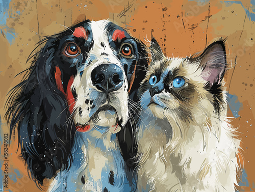 Dog and cat cuddling in watercolor style