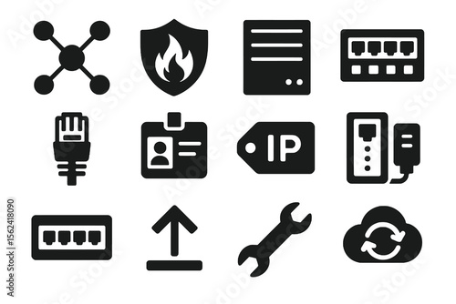 12 black IT infrastructure icons. Solid vector for networks, servers, and maintenance.