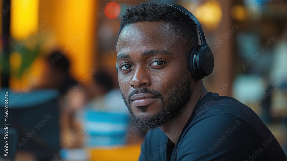 Fototapeta premium Confident African businessman with headset conducting a virtual conference call in a modern workspace