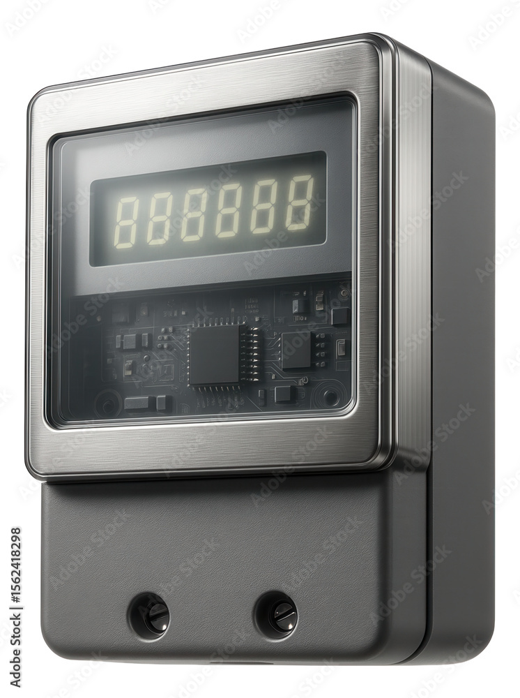 Fototapeta premium Single-phase electricity meter with a compact rectangular design, suitable for monitoring energy consumption in a private house.