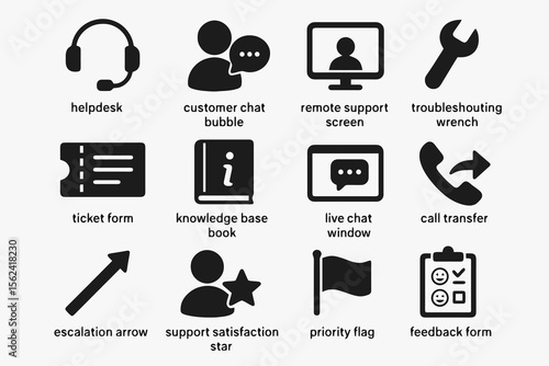 12 black IT support icons. Solid vector for helpdesk, service, and troubleshooting.