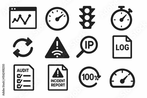 Black set of 12 service icons. Minimal vector for hosting, admin, and platforms.
