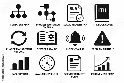 Black set of 12 admin icons. Minimal vector for planning and service delivery.