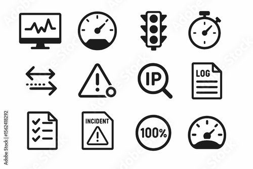 12 black IT management icons. Solid vector for strategy, process, and governance.