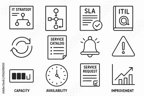 12 black IT management icons. Solid vector for strategy, process, and governance.