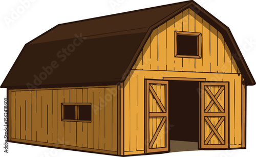 Wooden barn building with brown roof and open doors in rural setting vector illustration 