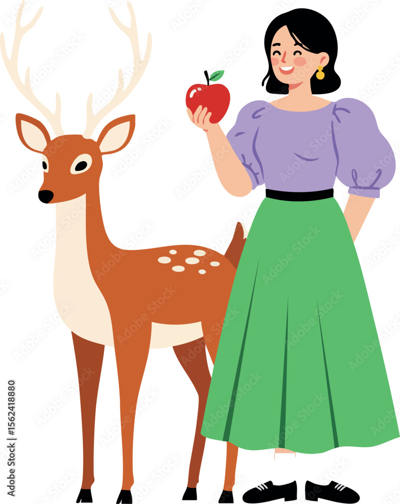 Obraz premium Woman holding apple standing next to deer in green skirt and purple blouse vector illustration 
