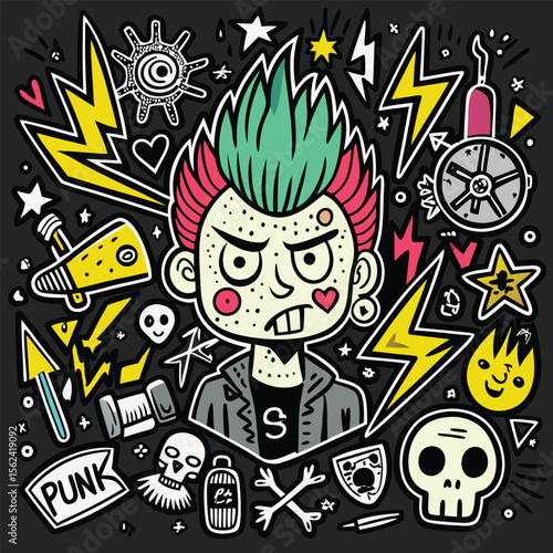 Punk Doodle Hand-Drawn Vector Set, Grunge Graffiti Rock Sketch Icons on Chalk Background