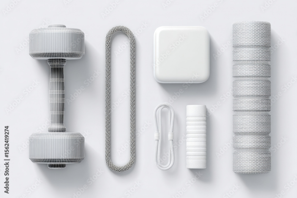 Fototapeta premium Six gym equipment items in blueprint style on white background, front view