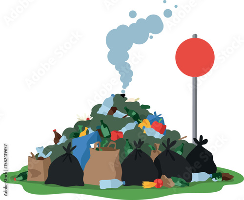 Pile of mixed garbage bags and waste with smoke near red circular sign vector illustration 