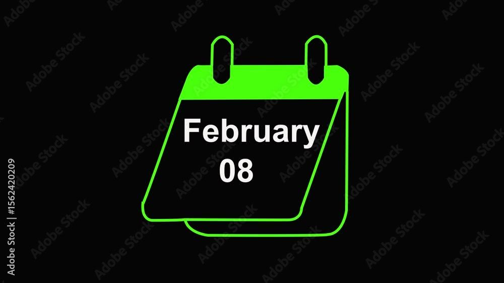 08 February calendar icon animation. Lama matte with black background 4K resolution 08 February icon isolated on black background. HD Video motion graphic animation. 08 February calendar icon animation. Lama matte with black background 4K resolution 08 February icon isolated on black background. HD Video motion graphic animation.