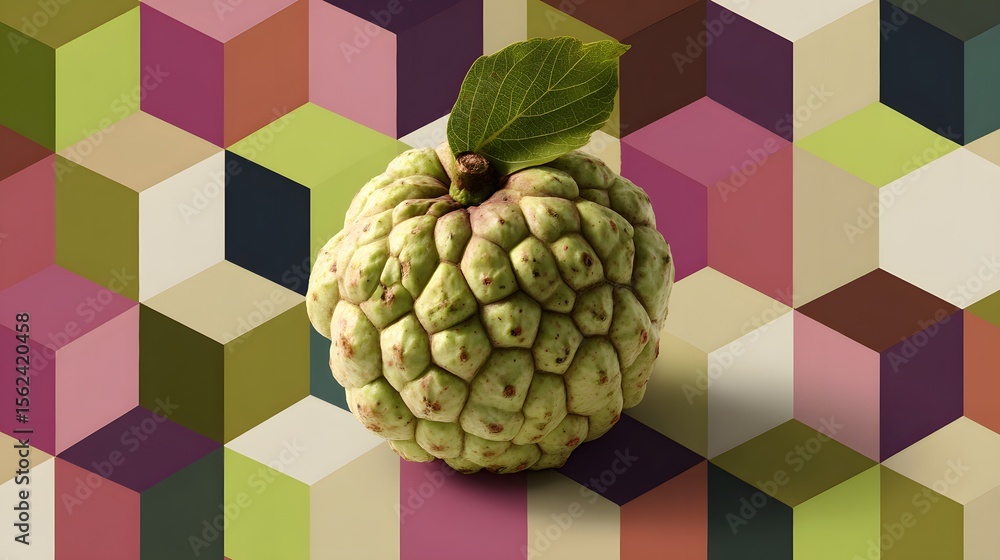 Fototapeta premium A custard apple with a green leaf on a colorful geometric cube patterned background