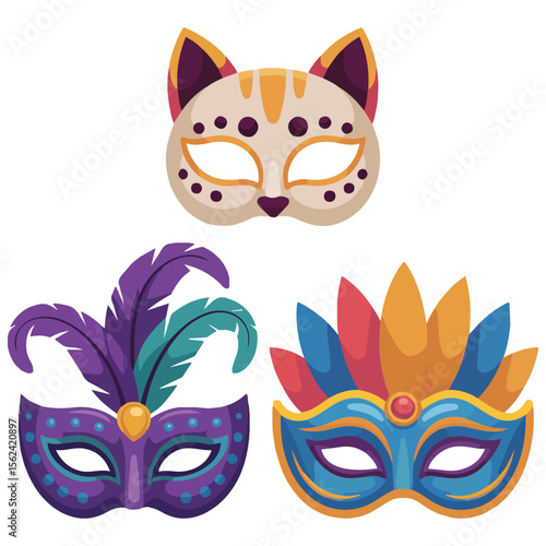 Vibrant carnival masks with feathers festive vector collection