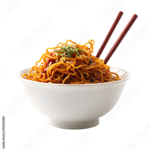 Bowl of noodles with chopsticks in it