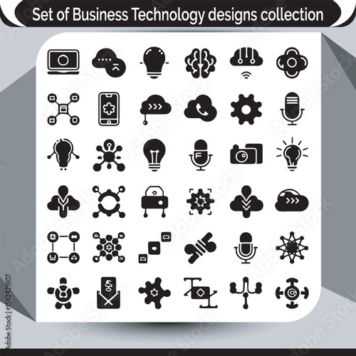Diverse Black and White Business Technology Icon Collection Offering Modern and Creative Design Solutions for Various Digital Applications